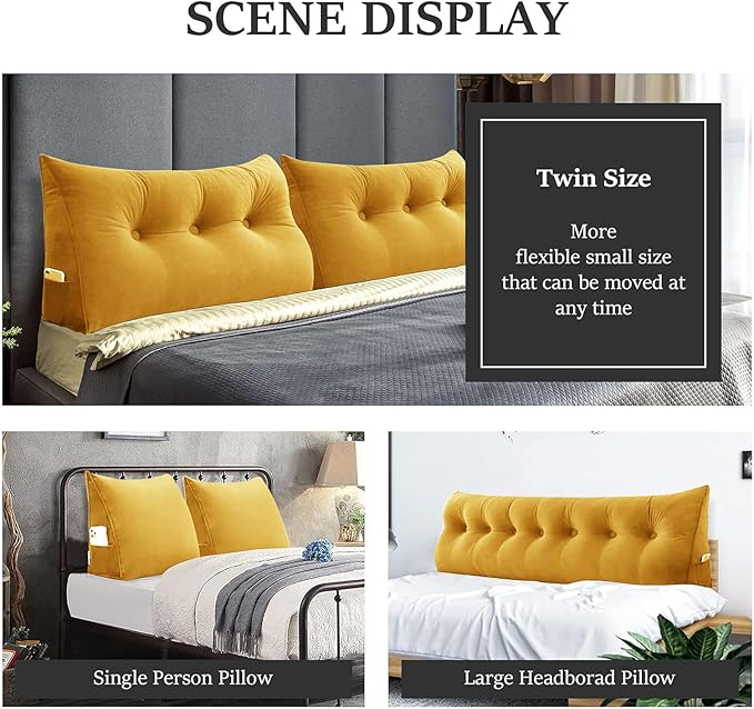 Bed Wedge Headboard Pillow - College Dorm Reading Pillow Back Support While Sitting in Bed - Ergonomic Lumbar Pillow Body Positioning Bed Pillow - Velvet Golden Yellow 54IN