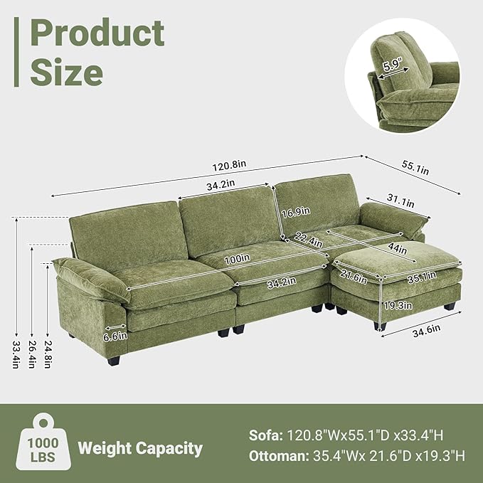 VINGLI 122" Cloud Double-Layer Deep Convertible Sectional Sofa, Comfy L-Shape 3-Seat Couches for Living Room, Modern Couch with Movable Ottoman for Small Space, Olive Green, Chenille