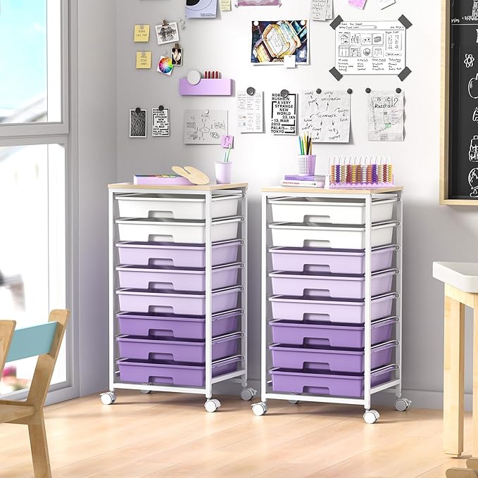 Rolling Cart with Drawers,Utility Cart With 8 Drawers and Wooden Tabletop for Living Room,Classroom,Bedroom,Bathroom,Dorm,Office,Purple