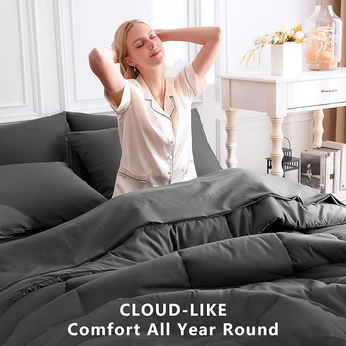 CozyLux California King Comforter Sets Dark Grey, 7 Pieces Cal King Bed in a Bag, All Season Bedding Sets with Stitch Quilted Comforter, Flat Sheet, Fitted Sheet, Pillowcases
