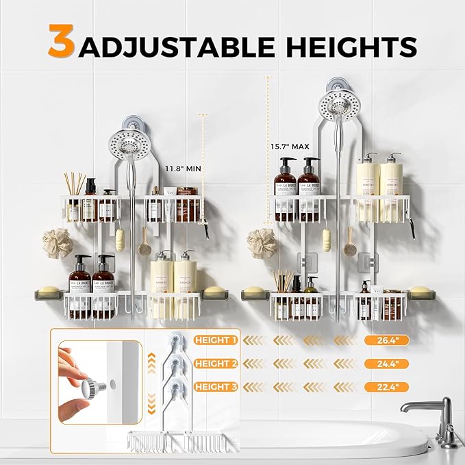 REINHARDT Aluminum Shower Caddy Hanging Adjustable Shower Caddy, Rustproof Hanging Shower Organizer with Hooks Soap Holders, Over Shower Head Caddy for Handheld Showerhead, White