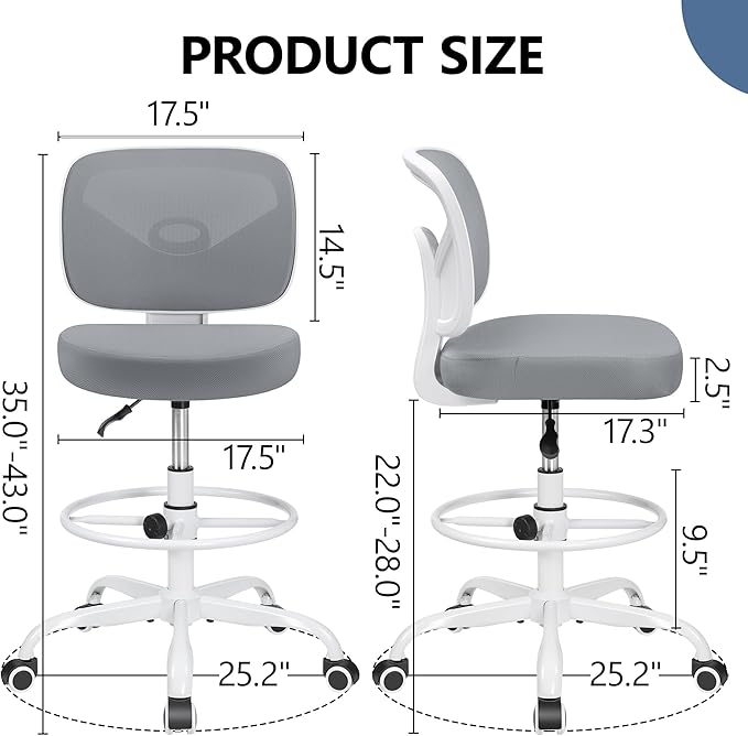 Primy Armless Tall Desk Chair, Adjustable Height and Footring, Mid-Back Ergonomic Standing Desk Chair Mesh Rolling Tall Chair for Art Room, Office or Home (Gray)