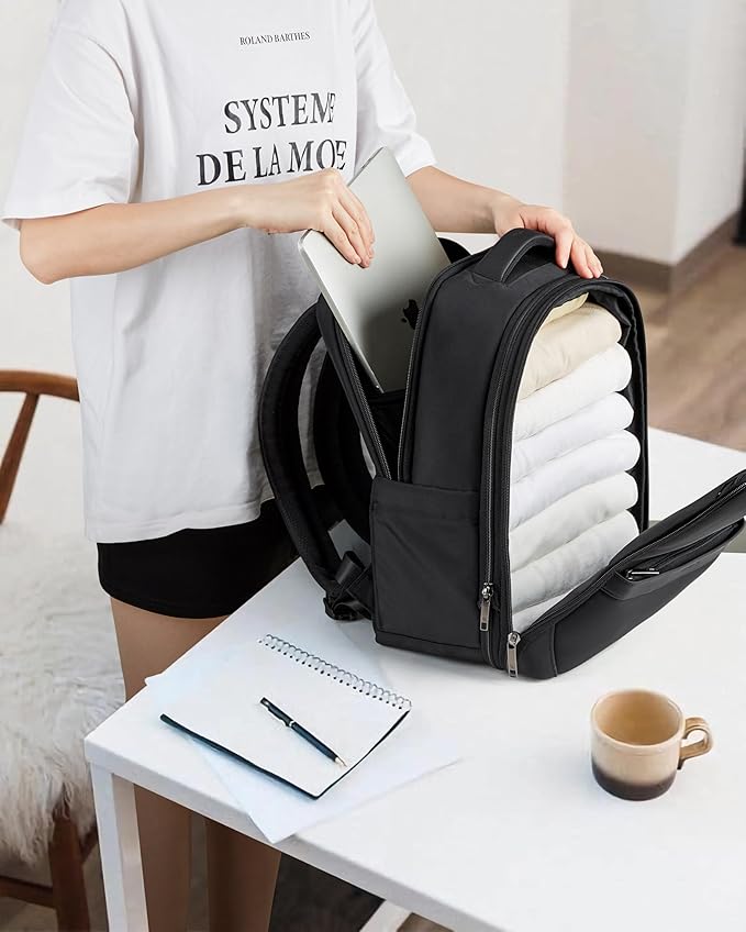 Hanke Expandable Travel Backpack 16 Inch, Full-Open Laptop Backpack Fits 15.6 Inch, Carry On Personal Item Bag with Luggage Strap, Business Work Backpack for Women Men, Black