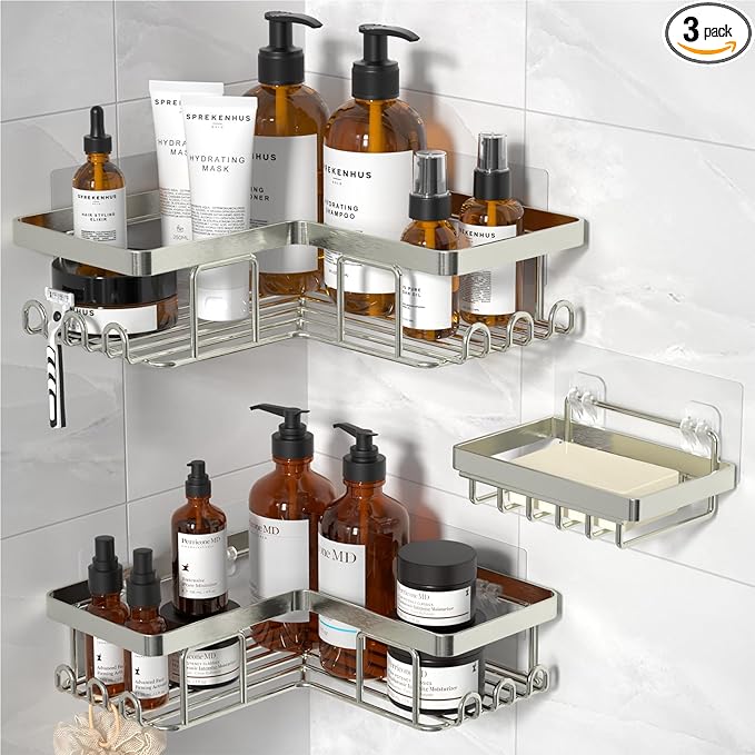 YASONIC Corner Shower Caddy, 3-Pack Adhesive Shower Caddy with Soap Holder and 12 Hooks, Rustproof Stainless Steel Bathroom Organizer, No Drilling Wall Mounted Shower Rack, Nickel
