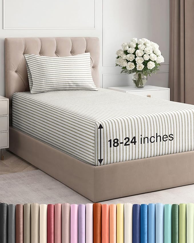 Extra Deep Pocket Twin XL Sheets - 3 Piece Breathable & Cooling Bed Sheets - Hotel Luxury Bed Sheet Set - Soft, Wrinkle Free & Comfy - Easily Fits Extra Deep Mattresses - Beige Striped Sheets Set