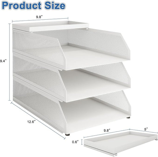 Natwind 3-Tier Stackable Paper Tray, Metal Mesh Desktop Organizer, Paper Sorter, Letter Trays,File Document Storage Rack for for Home, Office, School (White)