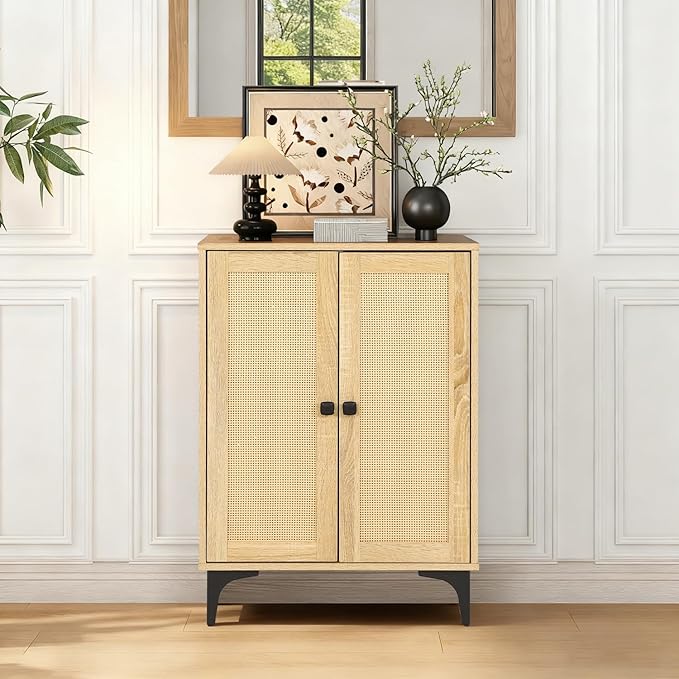 Rattan 4-Door Buffet Sideboard Storage Cabinet - Boho Kitchen Dining Console with Adjustable Shelves, Natural Rattan 48.4" W x 15" D x 33.4" H