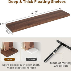 Fun Memories Farmhouse Floating Shelves for Wall, 48 x 9.3 Large Floating Shelf Wall Mounted, Rustic Wood Shelves for Bathroom, Kitchen, Living, Heavy-Duty Storage Deep Shelf for Books, Decor, Walnut