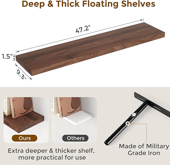Fun Memories Floating Shelves for Wall, 48 x 9.3 Large Floating Shelf Wall Mounted Set of 2, Rustic Wood Shelves for Bathroom, Kitchen, Living, Heavy-Duty Storage Deep Shelf for Books, Decor, Walnut