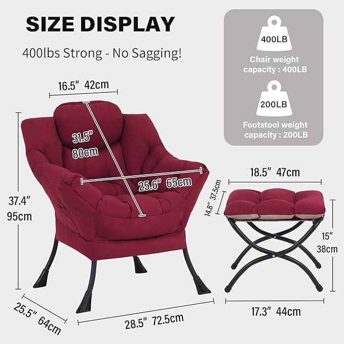 Tiita Lazy Chair with Ottoman, Modern Large Accent Lounge Armchair, Comfy Leisure Sofa Reading Chair with Footrest for Bedroom, Living Room, Dorm Rooms, Garden and Courtyard, Wine red