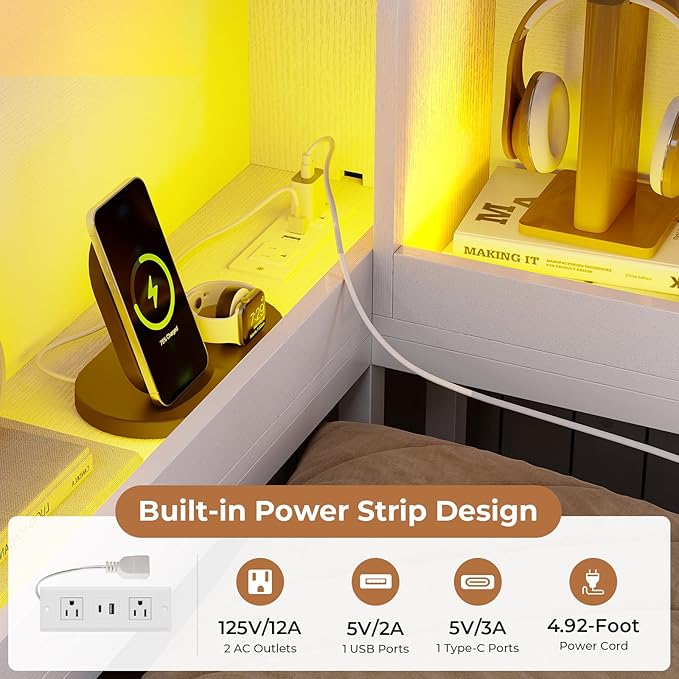 VIAGDO Corner Bed Frame Full with Storage Bookcase and 6 Drawers, Metal Platform Corner Bed Frame with LED Lights and Charging Station, Full Daybed for Kids Teenagers, White