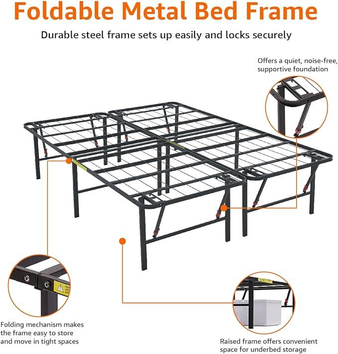 Amazon Basics Bed Frame with Storage, Foldable Metal Platform, Sturdy Steel, No Box Spring Needed, 18 Inches High, Tool-Free Setup, King Size, Black