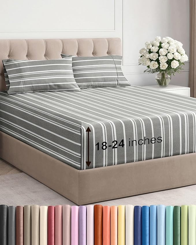 Extra Deep Pocket King Sheets - 4 Piece Breathable & Cooling Bed Sheets - Hotel Luxury Bed Sheet Set - Soft, Wrinkle Free & Comfy - Easily Fits Extra Deep Mattresses - Deep Pocket Grey Striped Sheets