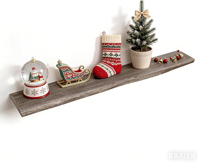 Floating Shelves for Wall, 55"x9.3" Rustic Solid Live-Edge Elm Wood Wall Shelves, Heavy-Duty Floating Shelves with Invisible Brackets, Set of 2 for Living Room, Bedroom, and Kitchen, Grey Finish