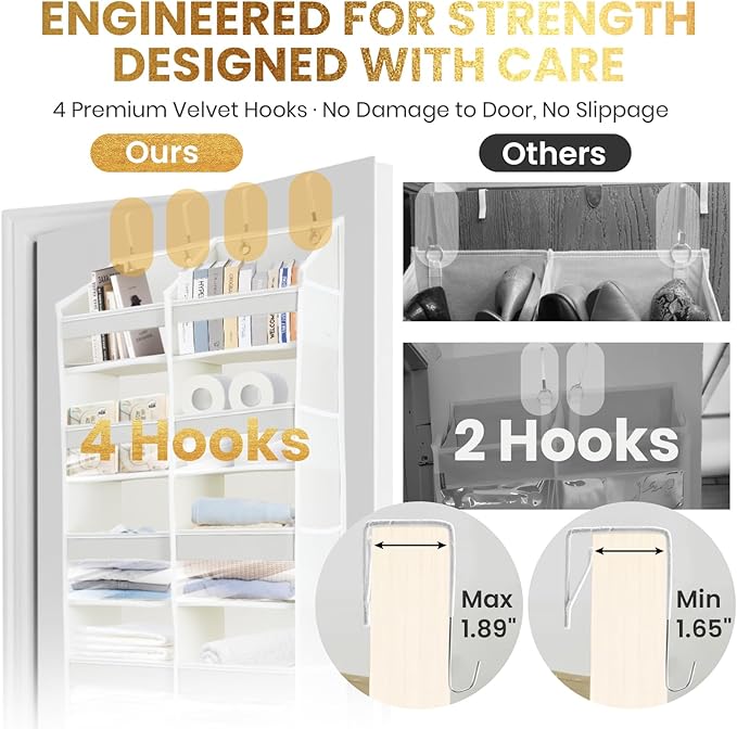 HOMELUX THEORY UPGRADED Over The Door Organizer Hanging - 100D EXTRA THICK & 50lbs HUGE CAPACITY 6 Large Front & 12 Side Pockets, Over The Door Shoe Organizer, Hanging Closet Organizer (Baby Pink, XL)