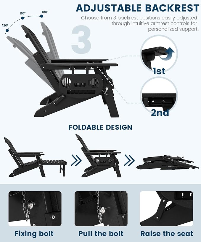 FOOWIN Folding Adjustable Adirondack Chair with Retractable Ottoman Set of 4,HDPE Adirondack Chair w/4 in 1 Cup Holder Trays,All-Weather Resistant Fire Pit Chair for Outdoor Patio Lawn, Black