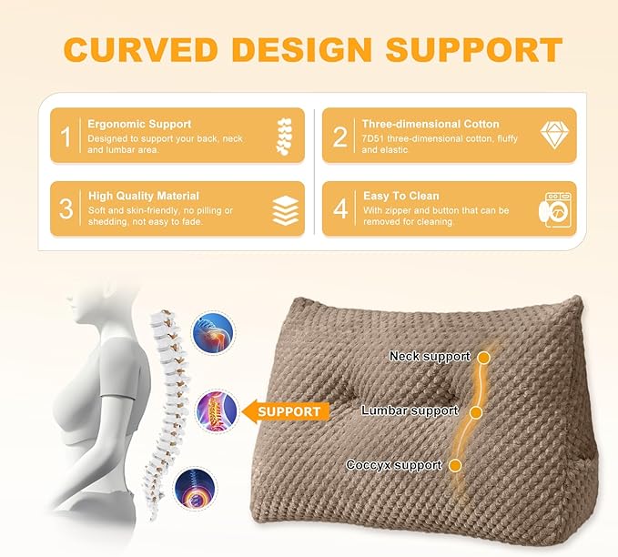 Large Triangular Headboard Wedge Pillow Soft and Supportive Headboard Backrest Positioning Support Bolster Cushion, Bed Wedge Pillow with Removable Cover(Brown,Twin,39x8x20inch)