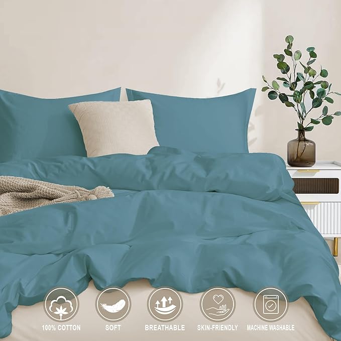 100-Percent Cotton Duvet Cover Set, Hidden Zipper Closure, Ultra Soft, Easy Care and Durable, Simple Bedding Style, Queen/Full, Solid Teal Blue (Comforter Not Included)