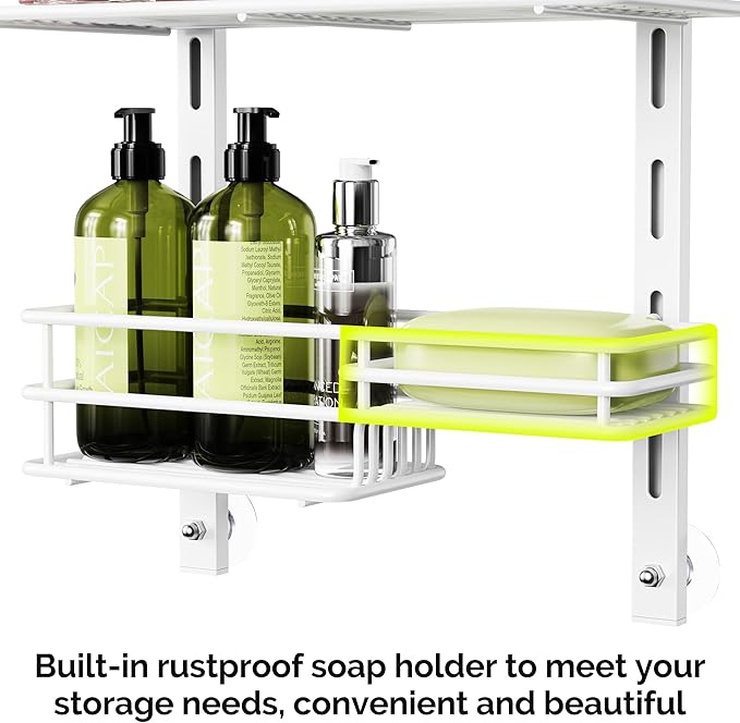 Orimade Over The Door Shower Caddy Adjustable 4 Tier White,Bathroom Hanging Organizer Shelf Rustproof with 4 Hooks,Shower Basket with Soap Holder and Suction Cup