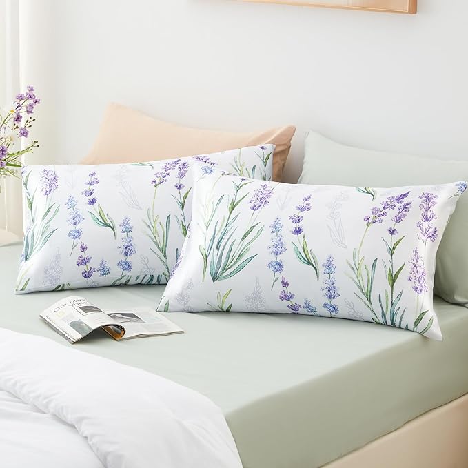 EXQ Home Satin Pillowcase for Hair and Skin - Lavender Printed Silk Pillowcase 2 Pack 20x26 inches - Standard Size Satin Pillow Cases Set of 2 with Envelope Closure