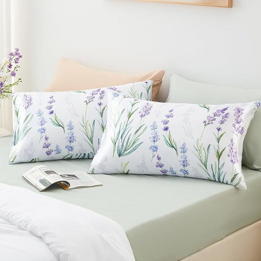 EXQ Home Satin Pillowcase for Hair and Skin - Lavender Printed Silk Pillowcase 2 Pack 20x26 inches - Standard Size Satin Pillow Cases Set of 2 with Envelope Closure