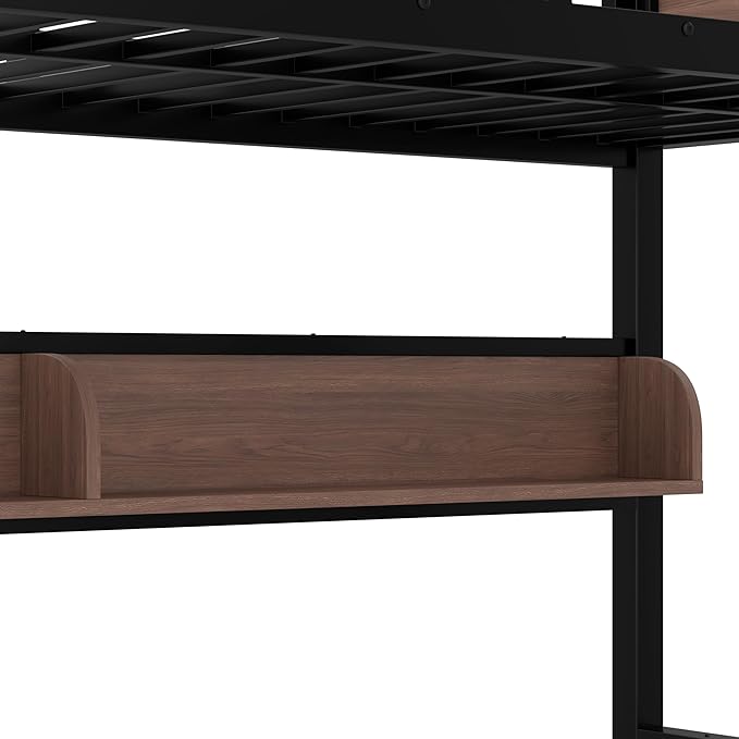 Twin over Full Bunk Bed with Storage Shelves, Metal Bunk Beds with Ladders and Lights, Heavy-duty Bunkbed for Bedrooms, Guest Rooms and Dorms, No Box Spring Needed and Noise-free Design, Black