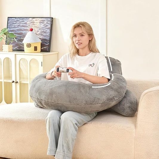 Reading Pillow for Bed,U Shaped & Back Support Pillow for Bed,17" Backrest with Lumbar & Arm Support,Luxurious Faux Rabbit Fur,Gaming PillowFor Crochet/Reading/Watching TV,Gray