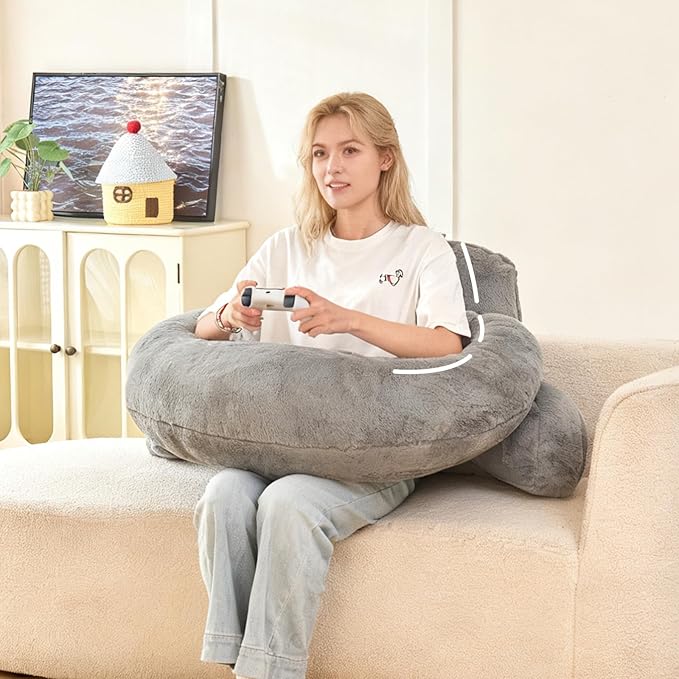 Reading Pillow for Bed,U Shaped & Back Support Pillow for Bed,19" Backrest with Lumbar & Arm Support,Luxurious Faux Rabbit Fur,Gaming PillowFor Crochet/Reading/Watching TV,Gray