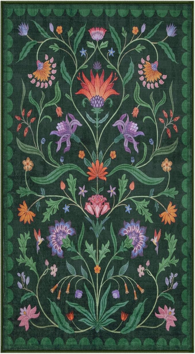 Lahome Boho Floral Washable Green 6x9 Area Rugs for Living Room, Non Slip Rugs for Bedroom, Indoor Throw Dining Room Carpet for Under Table Home Office Playroom (Forest Green,6x9ft)