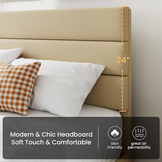 SHA CERLIN Full Platform Bed Frame with Upholstered Fabric Headboard, Mattress Foundation with Strong Wooden Slats Support, No Box Spring Needed, Beige