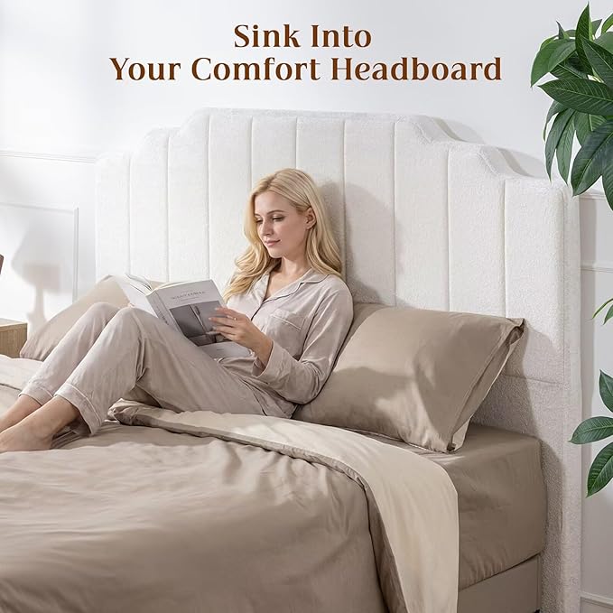 Queen Headboard Only - Beige Velvet Upholstered Headboard for Bed, No Assembly Required, Pure Sponge Design, Place Between Bed & Wall, Vertical Stripe with Stepped Crown Top Edge