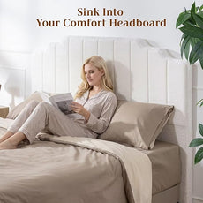 Queen Headboard Only - Beige Velvet Upholstered Headboard for Bed, No Assembly Required, Pure Sponge Design, Place Between Bed & Wall, Vertical Stripe with Stepped Crown Top Edge