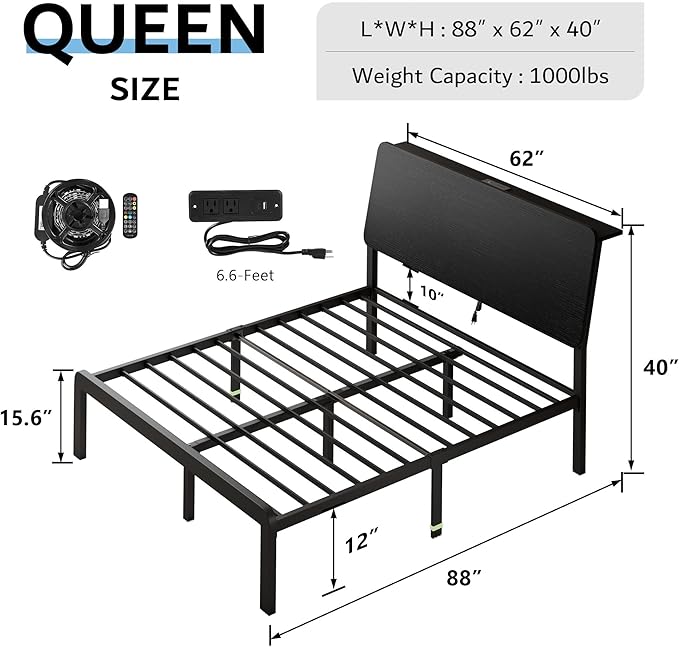 iPormis Queen Metal Bed Frame with LED Lights & Charging Station, Platform Bed with Ergonomic Storage Headboard, Steel Slats Supports, No Box Spring Needed, Noise-Free, Easy Assembly, Black