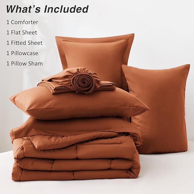 Love's cabin King Size Comforter Set Burnt Orange, 7 Pieces King Bed in a Bag, All Season Bedding Sets with 1 Comforter, 1 Flat Sheet, 1 Fitted Sheet, 2 Pillowcase and 2 Pillow Sham