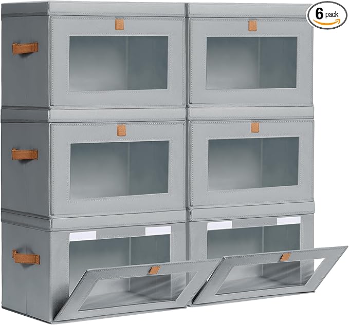 Large Closet Storage Bins - Collapsible Storage Bins with Handles & Window, Fabric Cube Organizer with Lids, Decorative Boxes for Living Room, Closet, Dorm, 6 Pack, Grey