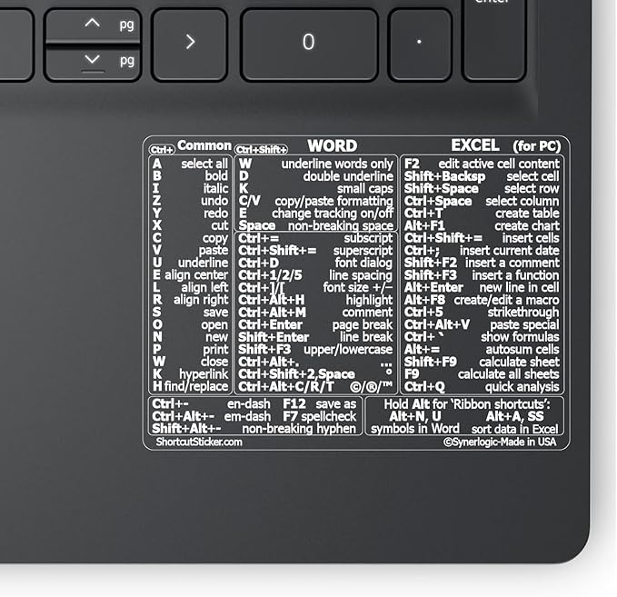 Synerlogic Word/Excel Windows Shortcut Sticker | Reference Guide Keyboard Shortcuts | Work from Home Essentials | Excel Shortcuts Cheat Sheet Laminated Vinyl (Clear/White/Small)