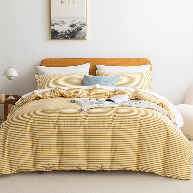 JELLYMONI 100% Natural Cotton 3pcs Striped Duvet Cover Sets,White Duvet Cover with Yellow Stripes Pattern Printed Comforter Cover,with Zipper Closure & Corner Ties(Cal King Size)