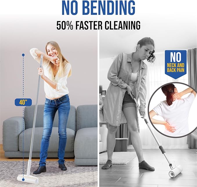 Large Lint Roller with Long Handle – 9.45" Heavy Duty Giant Lint Rollers for Pet Hair – Sticky Roller with Extendable Handle and Refills for Floor, Furniture, Couch, Carpet