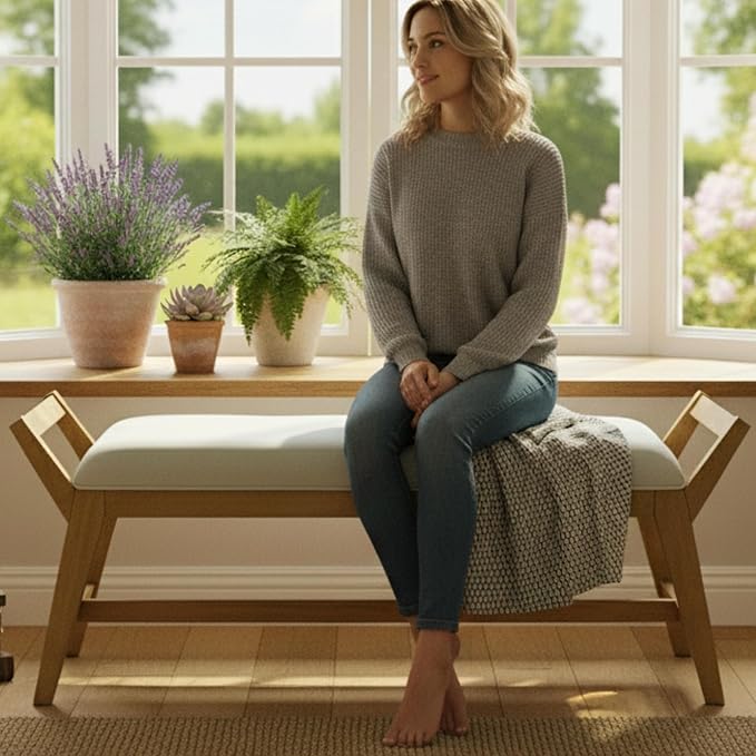 51" End of Bed Bench, Entryway Bench with Solid Wood Frame Fabric Upholstered Ottoman Bench for Entry/Bedroom/Hallway/Living Room,Chenille White