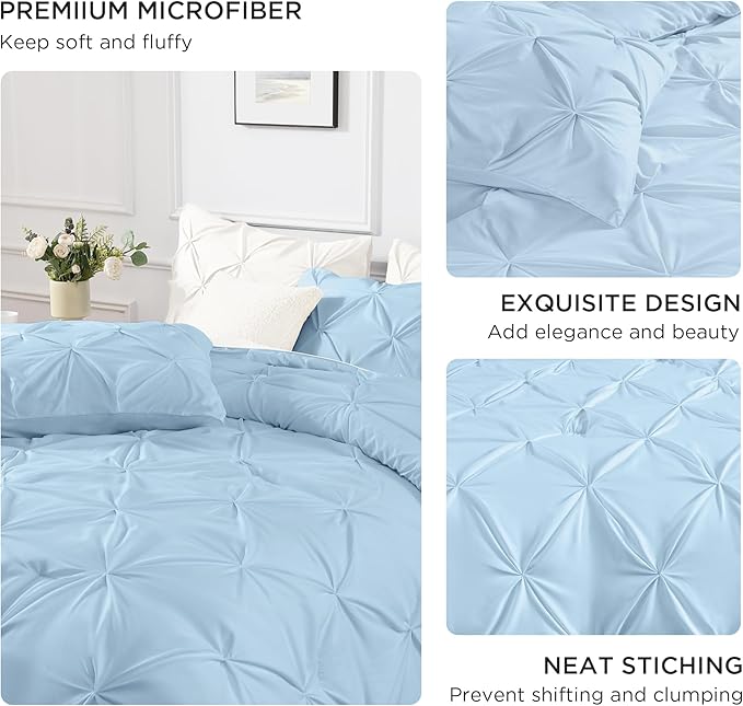 Andency California King Comforter Set Light Blue (104x96Inch), Pinch Pleat Cal King Comforter Set 3 Pieces, Oversized King Pintuck Bed Comforter, Microfiber Down Alternative Comforter Bedding Set