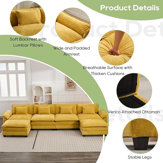 154" Modular Sectional Sofa, Comfy Cloud Couch Sectional Sofa with Ottoman, Chenille Sofa Sleeper Deep Seat Sofa with Throw Pillows for Living Room (Yellow, 154"- U Shape)