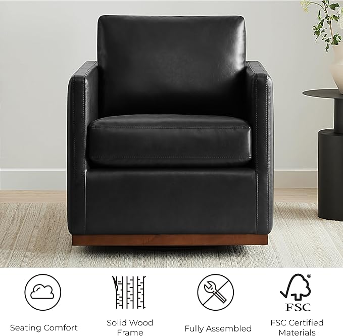 CHITA Swivel Accent Chair, Faux Leather FSC Certified Mid Century Modern Arm Chair for Living Room and Bedroom, Fully Assembled, Black
