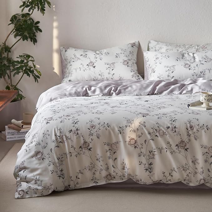 mixinni Elegant Floral Duvet Cover Set Full Size 3 Piece Soft Comfy Naturally Lyocell Vintage Style Purple Flower Leaves Bedding Set 1 Duvet Cover with 2 Pillowcases, Ultra-Breathable-Full Size