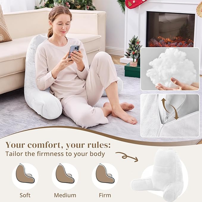 Sasttie Reading Pillow for Bed - 23 Inch, Back Pillow for Bed Sitting Up, Back-Rest Support Cushion with Side Pockets and Arms, Dorm Essentials, Oeko-Tex Certified, White