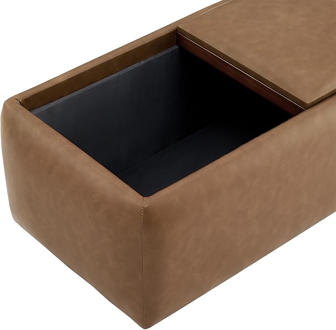 CHITA Storage Ottoman with Tray Lids, FSC Certified Small Rectangular Bench for Living Room, Bedroom, Faux Leather in Saddle Brown