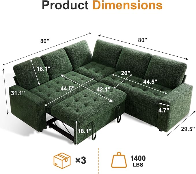 WEUP 5 Seat L Shaped Sectional Sleeper Sofa Bed with Pull Out Bed, Chenille Sectional Sleeper Couch with Adjustable Backrest, USB Ports & Storage Seat, Tool-Free Assembly, Chenille Green