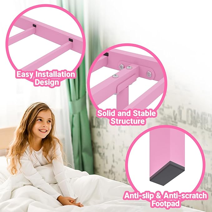Weehom Twin Bed Frames with Headboard Shelf Storage, Wood Twin Bed Frame with Charging Station and LED Lights, No Box Spring Needed Twin Size Metal Bed Frame for Kids Students, Pink