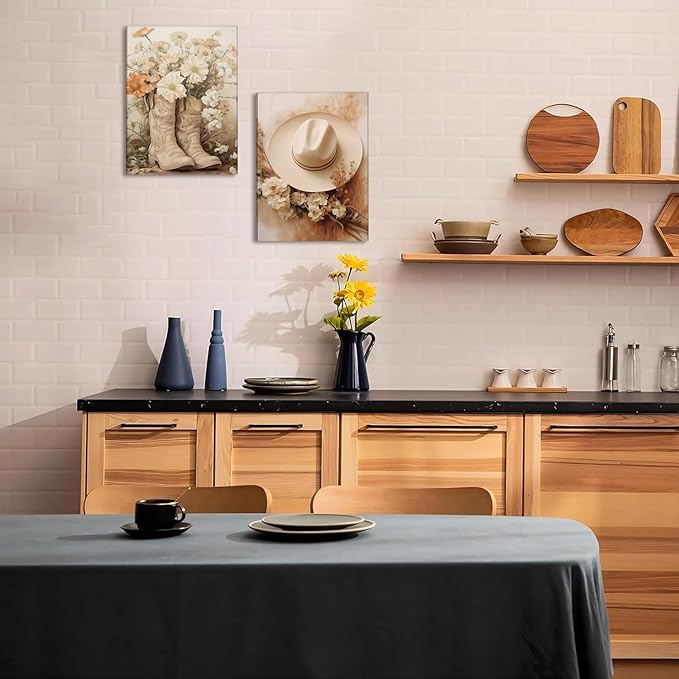 Floral Cowgirl Boots Canvas Wall Art Set of 2, Cowboy Hat with Flower Wall Decor Paintings, Trendy Preppy Western Aesthetic Prints Pictures, for Girls Bedroom Living Room Dorm 12x16 inch Framed