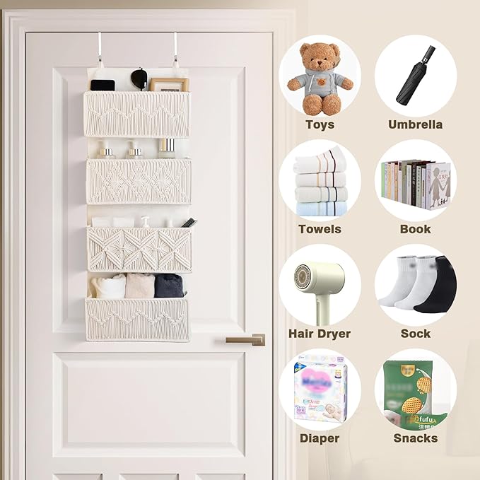 Over the Door Organizer Macrame Boho Nursery Storage with 4 Large Woven Pockets, Hanging Basket for Bathroom, Nursery & Closet Doors, Behind the Door Storage Organizer, Cream White