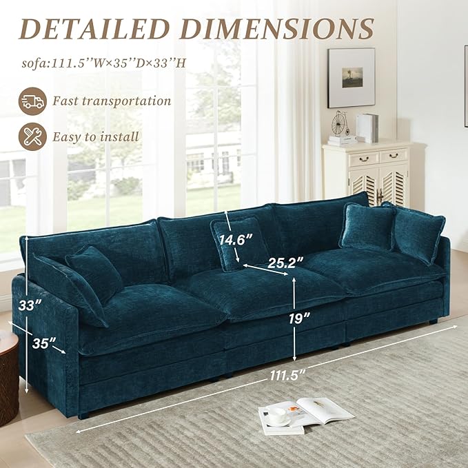 SoarFlash Chenille Sectional Sofa, Comfy Modular Loveseat Sofa, Modern 3-Seat Couch Deep Seat Sofa Set for Living Room,Deep Blue